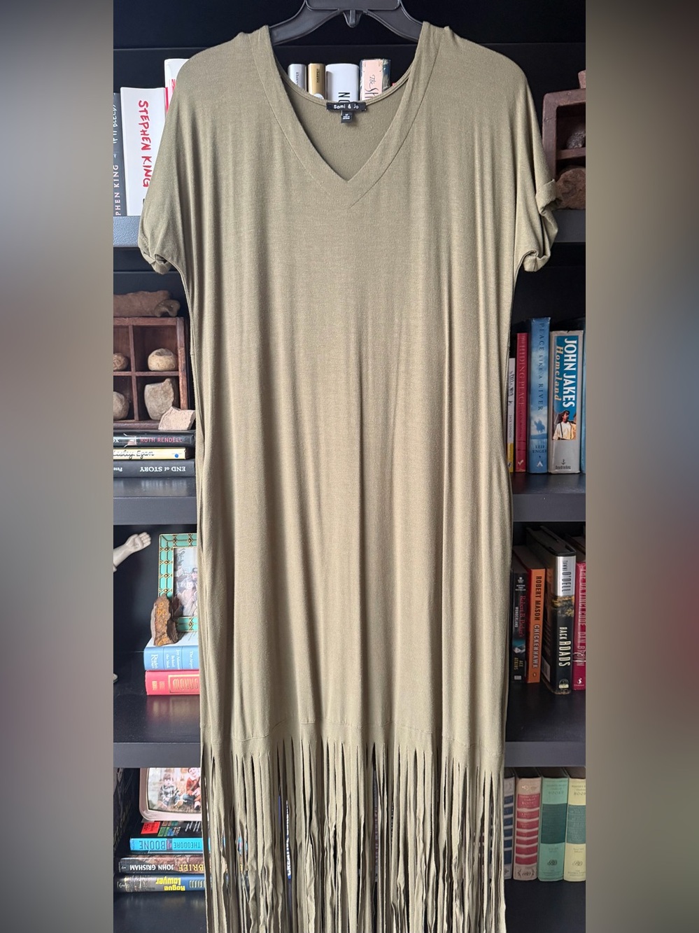 Sami & Jo Olive V-Neck Maxi Dress with Fringe Hem